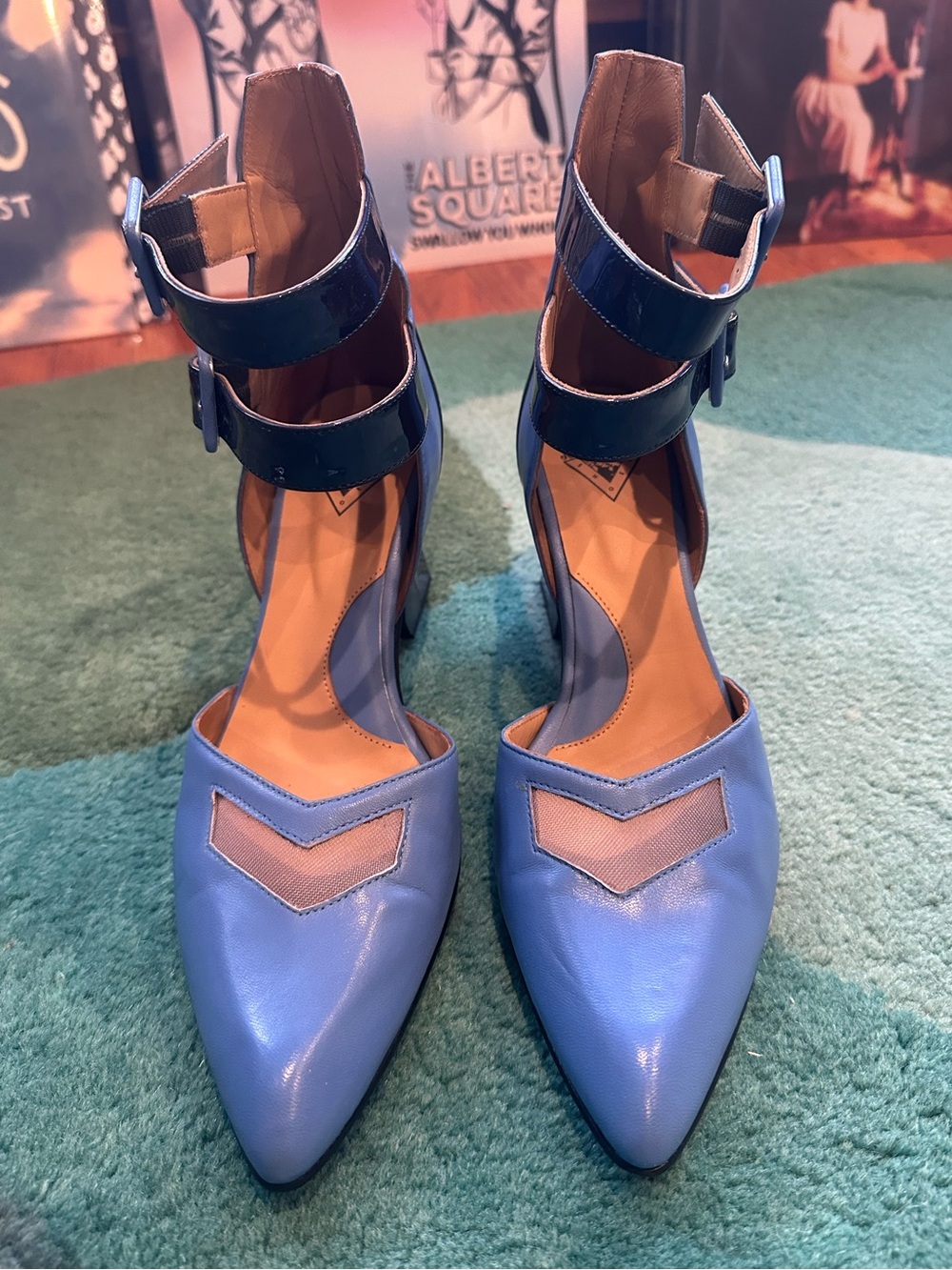 Fluevog LIKE NEW Modern Living Slant blue/patent 2-strap buckle heel-9.5 (fit 9) - Picture 3 of 15